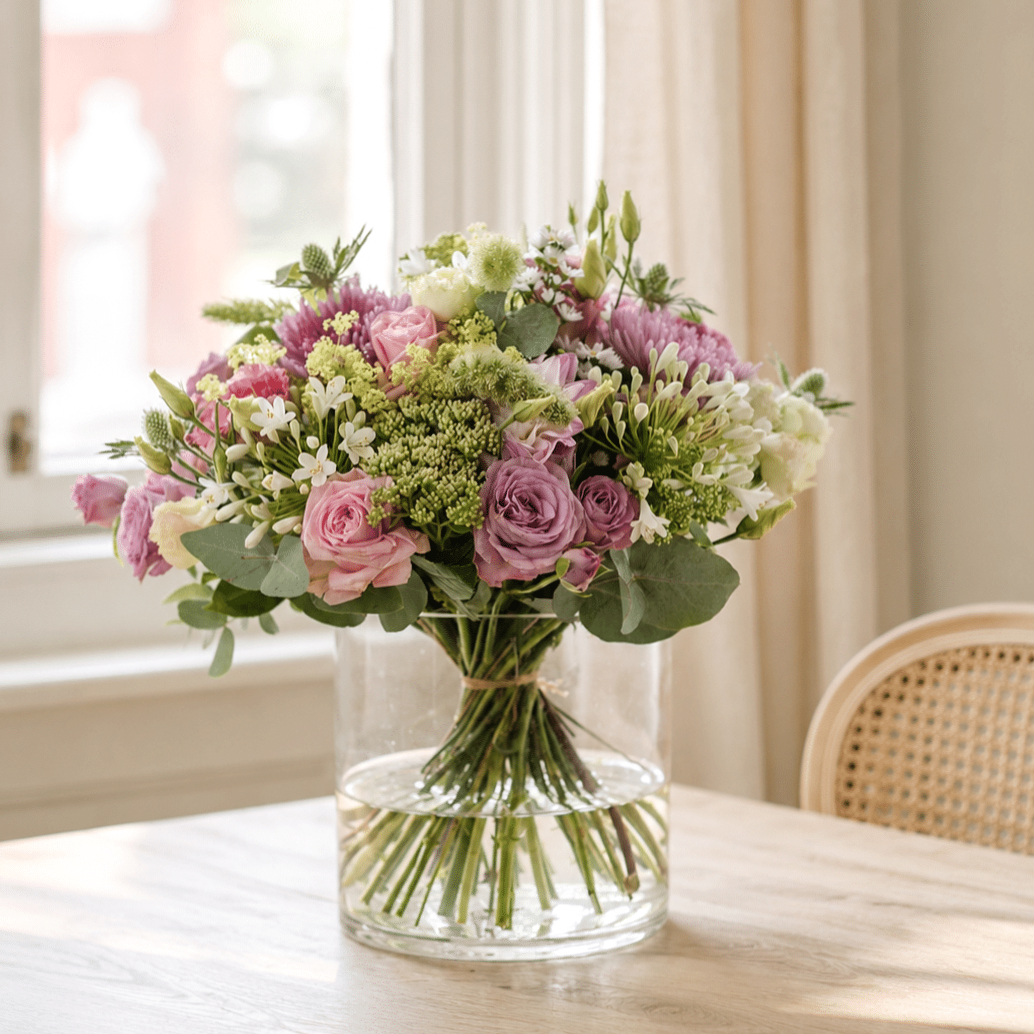 Morning Meadow pastel flower arrangement in soft pink and ivory